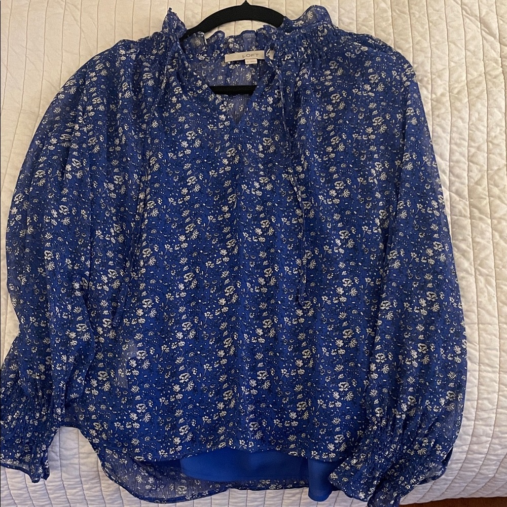 LOFT Navy Floral Print Blouse